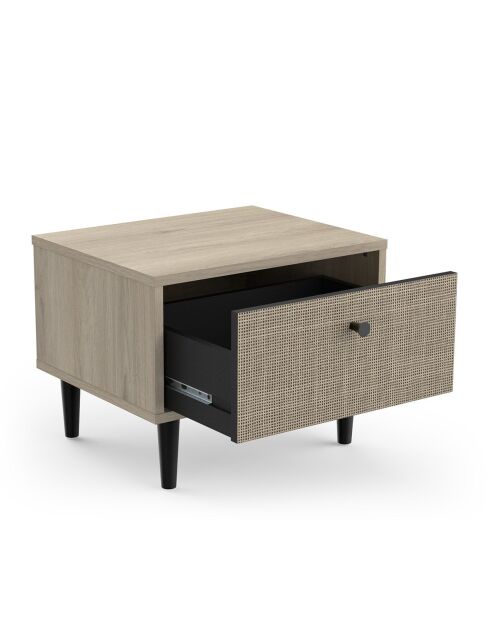 Chevet 1 tiroir décor chêne - impression rotin et noir mat l44,6 cm - saïgon