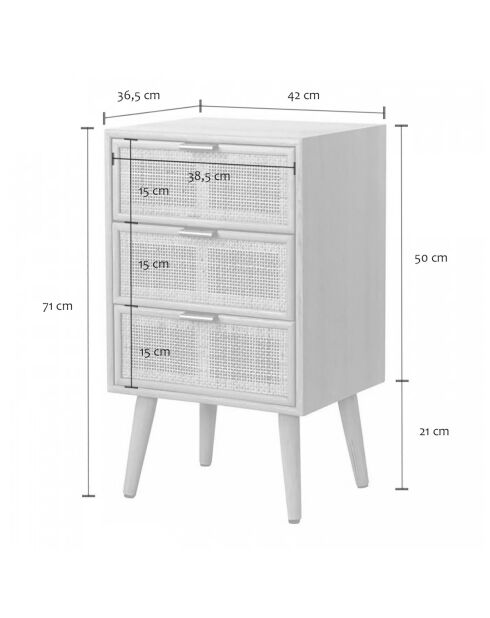 Table de chevet 3 tiroirs façade en cannage rotin naturel - miya