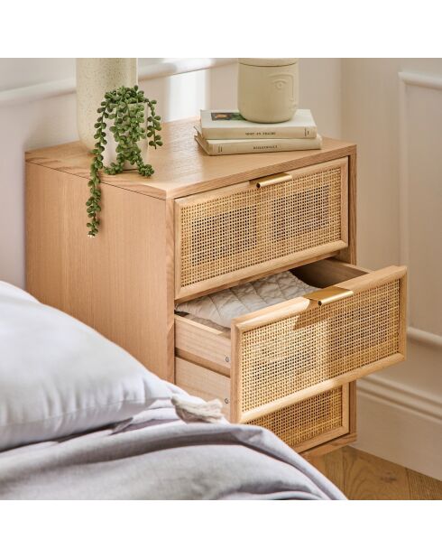 Table de chevet 3 tiroirs façade en cannage rotin naturel - miya