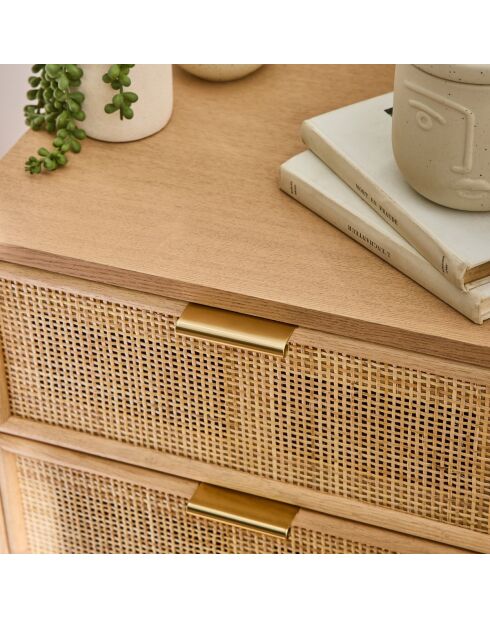 Table de chevet 3 tiroirs façade en cannage rotin naturel - miya
