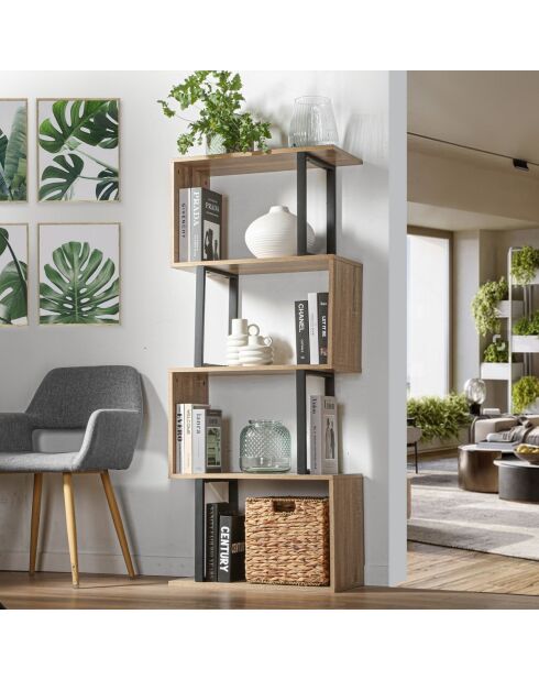 Bibliothèque 4 niveaux décor bois et montants métal - h148 cm