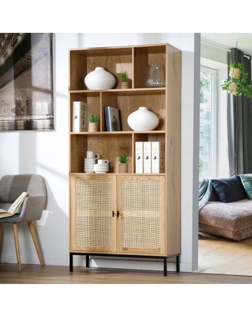 Bibliothèque 6 cases et 2 portes en rotin naturel h175cm - jaya