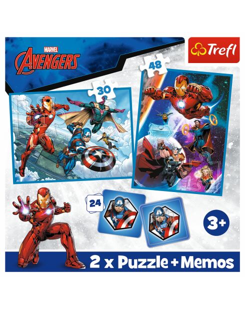 2 Puzzles + Mémos Avengers, Les héros à l'action 30 et 48pcs + Mémos 24 cartes - 3 ans et +