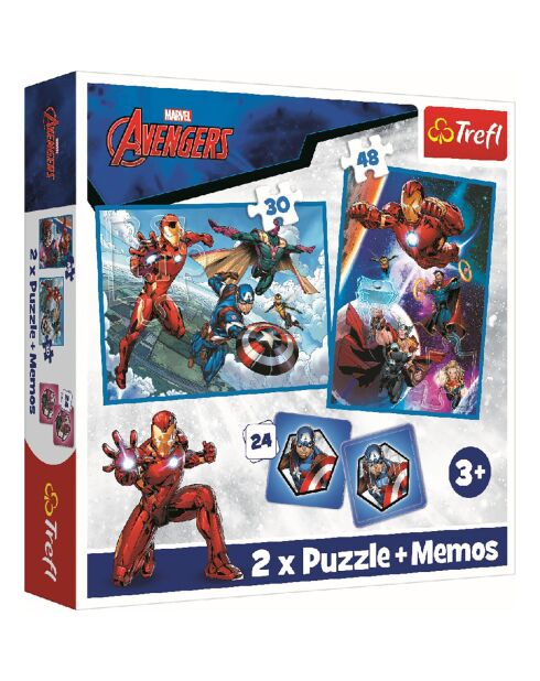 2 Puzzles + Mémos Avengers, Les héros à l'action 30 et 48pcs + Mémos 24 cartes - 3 ans et +