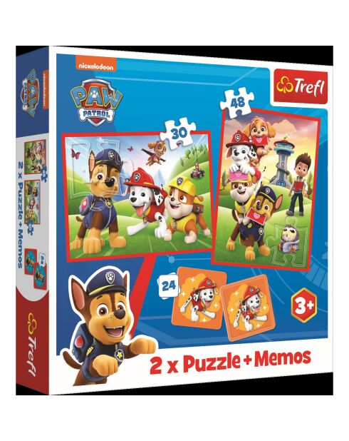 2 Puzzles + Mémos Pat'Patrouille, les chiens à l'action 30 et 48pcs + Mémos 24 cartes - 3 ans et +
