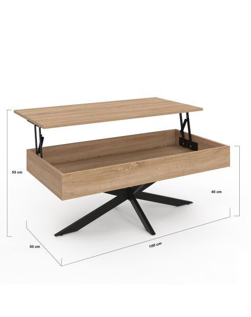 Table basse Spider avec plateau relevable bois et pieds croisés bois/noir - 100x50x40/53 cm