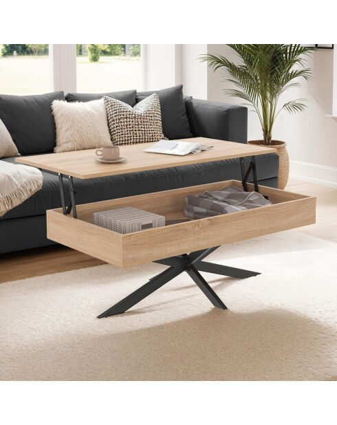Table basse Spider avec plateau relevable bois et pieds croisés bois/noir - 100x50x40/53 cm