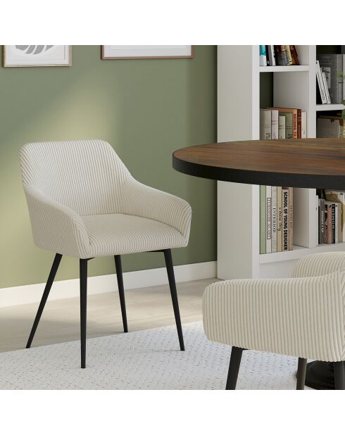 2 Chaises Jenny avec accoudoirs en velours côtelé crèmes - 51x56x76 cm