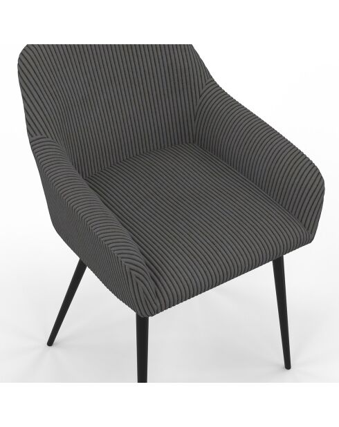 2 Chaises Jenny avec accoudoirs en velours côtelé gris foncé - 51x56x76 cm