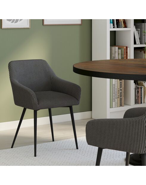 2 Chaises Jenny avec accoudoirs en velours côtelé gris foncé - 51x56x76 cm