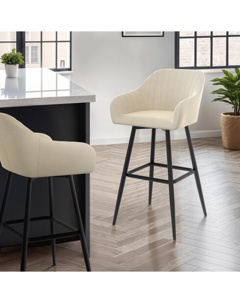 2 Tabourets de bar Ariana avec accoudoirs en velours tabouret crème/pieds en métal noir - 47x46x93? cm