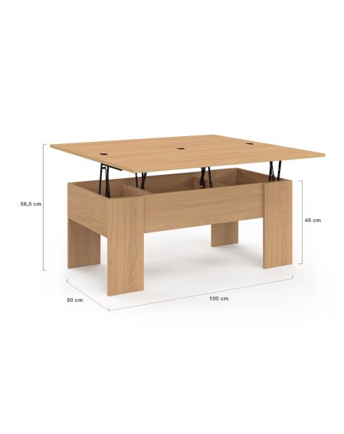 Table basse Albane avec plateau relevable et dépliant bois - 100x50x45 cm