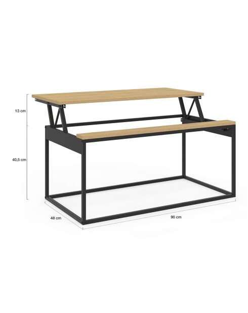 Table basse Memphis avec plateau relevable bois/noir - 90x48x40.5/53.5 cm