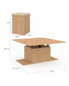 Table basse Tania 2 en 1 avec plateau dépliant et 4 assises bois - 100x55/110x39/51 cm