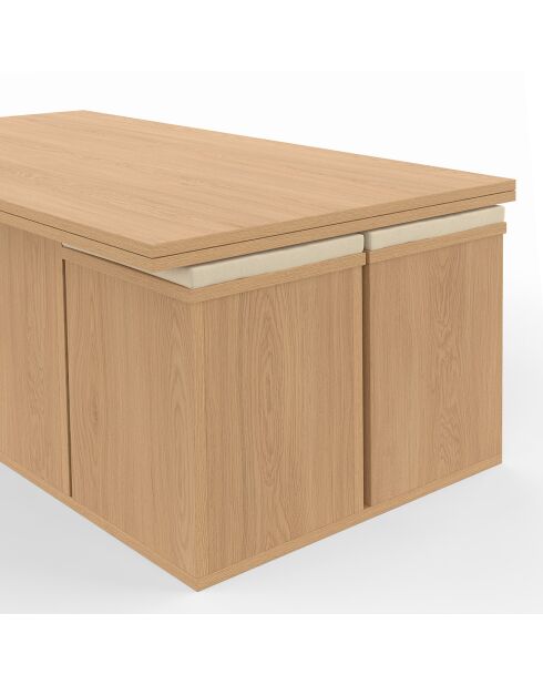 Table basse Tania 2 en 1 avec plateau dépliant et 4 assises bois - 100x55/110x39/51 cm