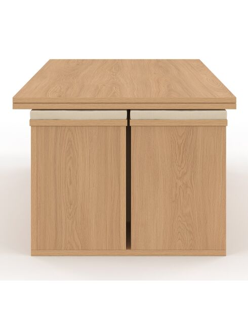 Table basse Tania 2 en 1 avec plateau dépliant et 4 assises bois - 100x55/110x39/51 cm