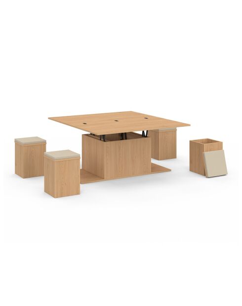Table basse Tania 2 en 1 avec plateau dépliant et 4 assises bois - 100x55/110x39/51 cm