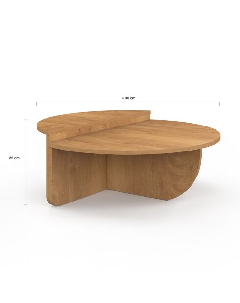Tables basses rondes asymétriques bois chaud - 90x90x35 cm