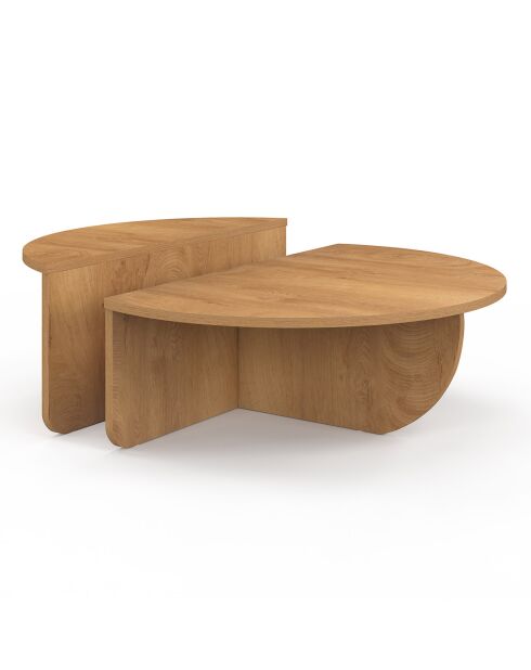 Tables basses rondes asymétriques bois chaud - 90x90x35 cm