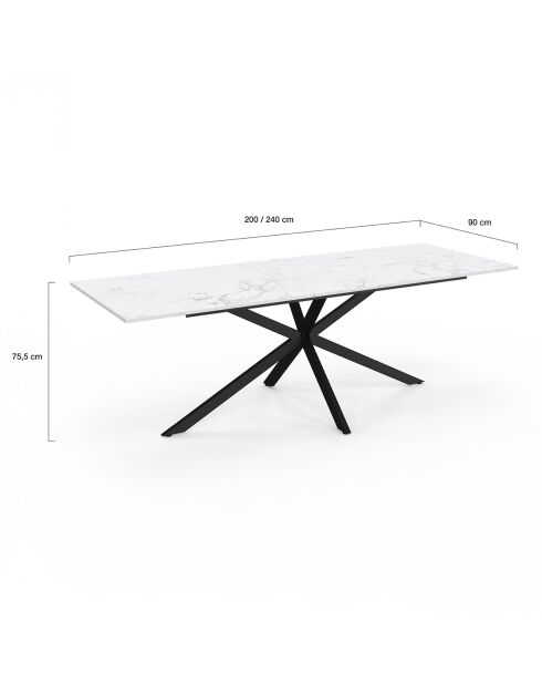 Table à manger extensible Spider effet marbre blanc/pieds noirs  - 200/240x90x75.5 cm