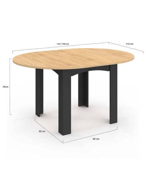 Table à manger ronde Dina bois/noir - 110/150x110x75 cm