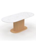 Table à manger extensible Maria plateau effet marbre blanc/pied effet cannelé bois  - 160/200x90x75 cm