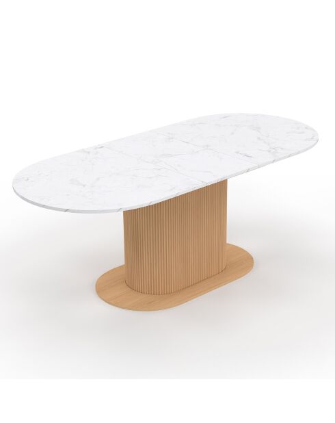 Table à manger extensible Maria plateau effet marbre blanc/pied effet cannelé bois  - 160/200x90x75 cm