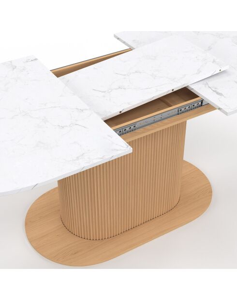 Table à manger extensible Maria plateau effet marbre blanc/pied effet cannelé bois  - 160/200x90x75 cm