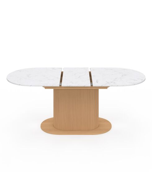 Table à manger extensible Maria plateau effet marbre blanc/pied effet cannelé bois  - 160/200x90x75 cm