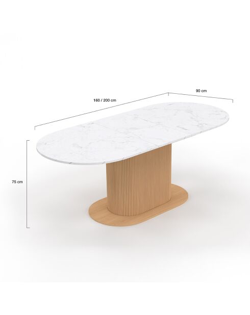 Table à manger extensible Maria plateau effet marbre blanc/pied effet cannelé bois  - 160/200x90x75 cm
