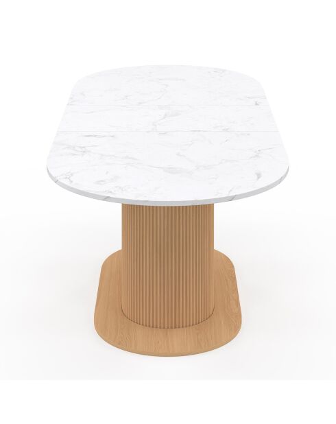 Table à manger extensible Maria plateau effet marbre blanc/pied effet cannelé bois  - 160/200x90x75 cm