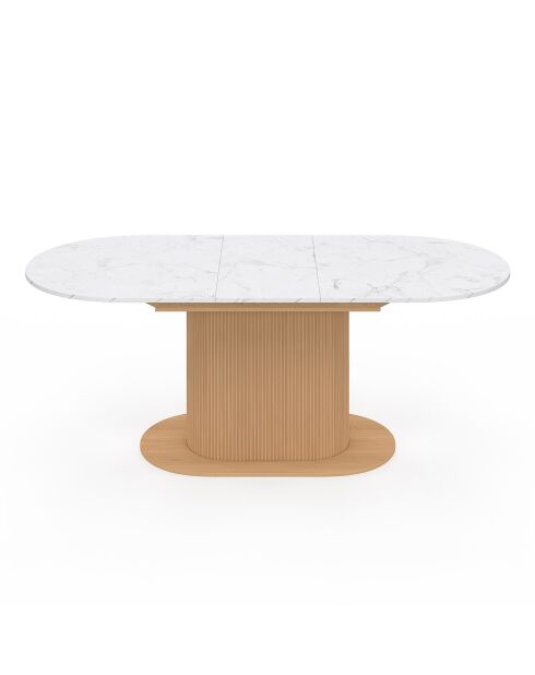 Table à manger extensible Maria plateau effet marbre blanc/pied effet cannelé bois  - 160/200x90x75 cm
