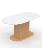 Table à manger extensible Maria plateau effet marbre blanc/pied effet cannelé bois  - 160/200x90x75 cm
