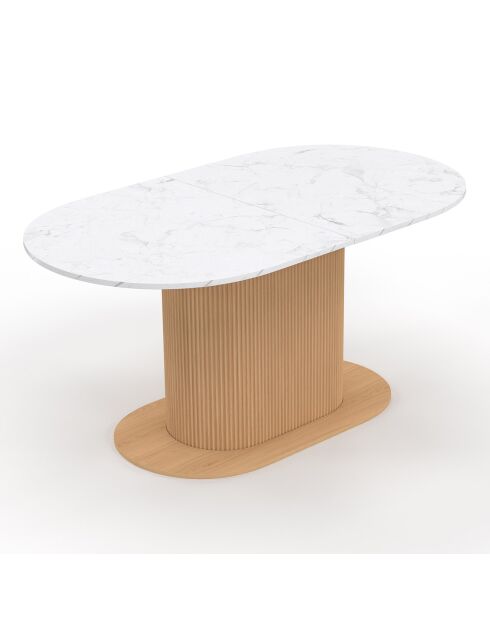 Table à manger extensible Maria plateau effet marbre blanc/pied effet cannelé bois  - 160/200x90x75 cm