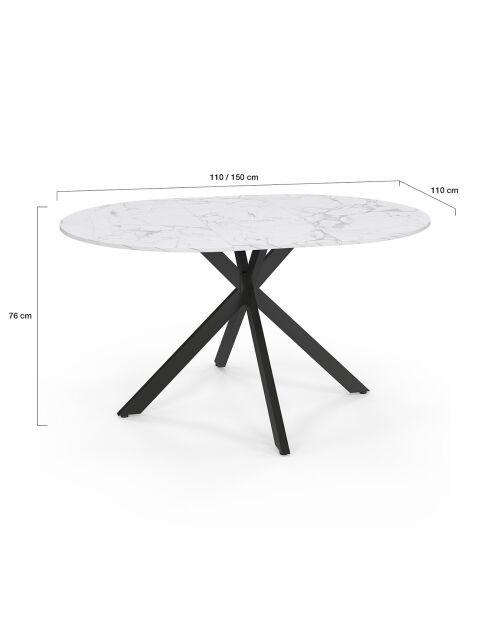 Table à manger ronde extensible Soline aspect marbre blanc/noir  - 110/150x110x76 cm