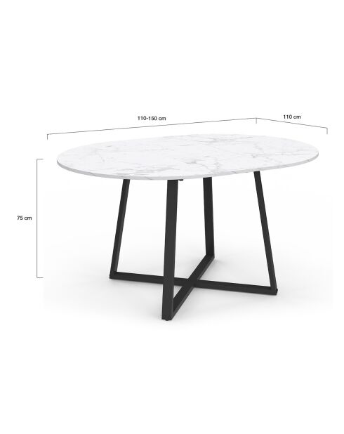 Table à manger ronde extensible Sana marbre blanc/noir - 110/150x110x75 cm