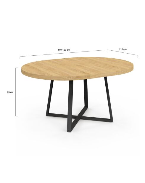 Table à manger ronde extensible Sana bois/noir - 110/150x110x75 cm