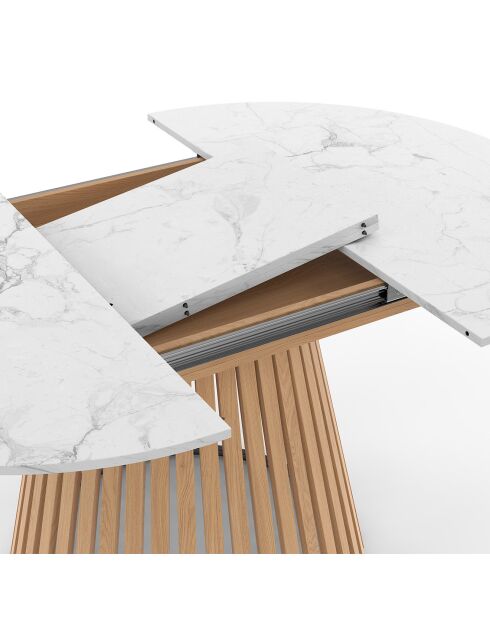 Table à manger ronde extensible Camélia bois avec plateau en effet marbre blanc - 110/150x110x75 cm