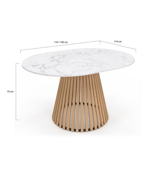 Table à manger ronde extensible Camélia bois avec plateau en effet marbre blanc - 110/150x110x75 cm
