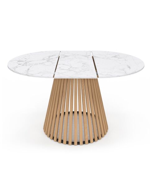 Table à manger ronde extensible Camélia bois avec plateau en effet marbre blanc - 110/150x110x75 cm