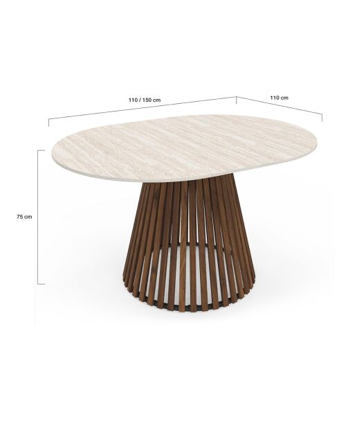 Ausziehbarer runder Esstisch Camélia mit Travertin-/Walnusseffekt — 110/150x110x75 cm