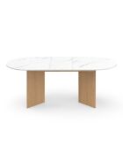 Table à manger extensible Gabin effet marbre blanc/pieds bois - 160/200x90x75 cm