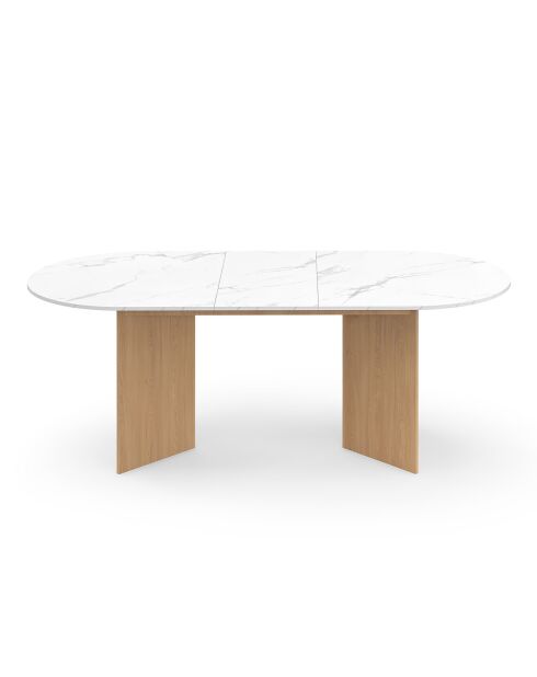 Table à manger extensible Gabin effet marbre blanc/pieds bois - 160/200x90x75 cm
