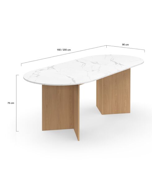 Table à manger extensible Gabin effet marbre blanc/pieds bois - 160/200x90x75 cm