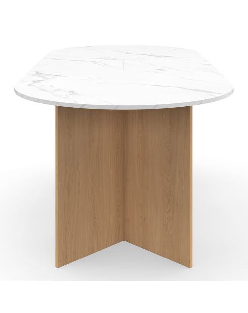 Table à manger extensible Gabin effet marbre blanc/pieds bois - 160/200x90x75 cm