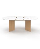 Table à manger extensible Gabin effet marbre blanc/pieds bois - 160/200x90x75 cm