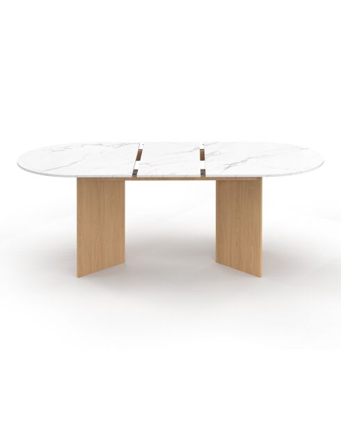 Table à manger extensible Gabin effet marbre blanc/pieds bois - 160/200x90x75 cm