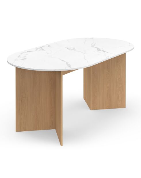 Table à manger extensible Gabin effet marbre blanc/pieds bois - 160/200x90x75 cm