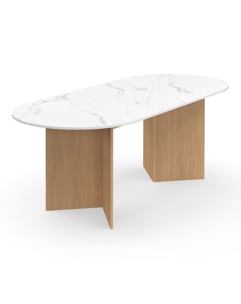Table à manger extensible Gabin effet marbre blanc/pieds bois - 160/200x90x75 cm