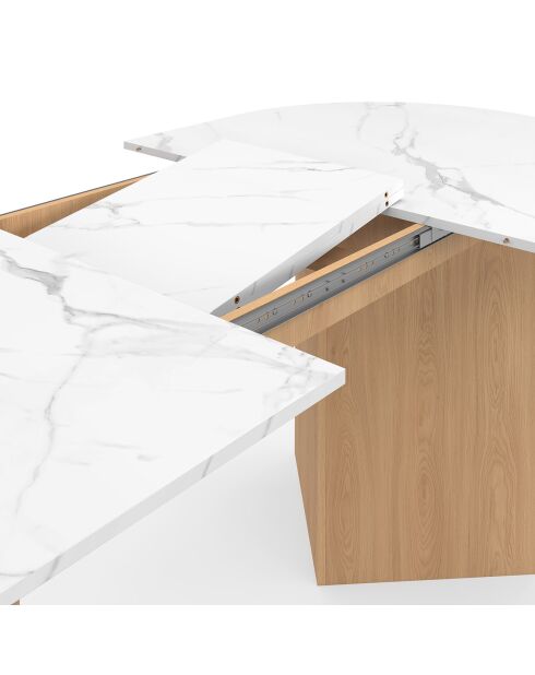 Table à manger extensible Gabin effet marbre blanc/pieds bois - 160/200x90x75 cm